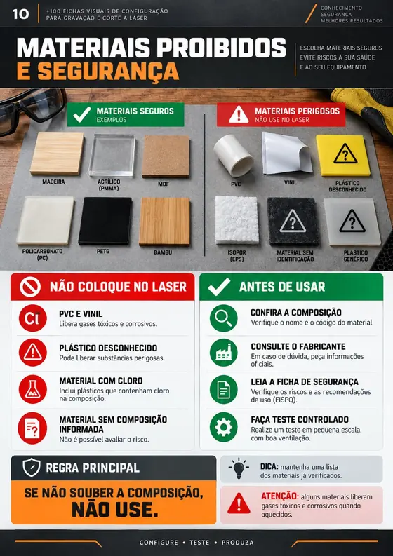 Prévia das fichas visuais de configuração para gravação e corte a laser